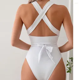 Women's Swimwear Sexy White Cross Bandeage One Piece Swimsuits Women 2024 Knotted Straps Swimming Bathings Suit V Neck Bodysuits Bather