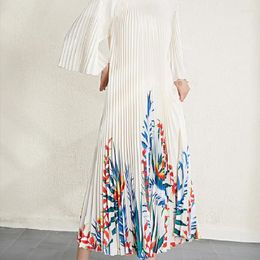 Casual Dresses Miyake Style Printed Mid Length Skirt For Spring And Autumn 2024 Versatile Fashionable Long Sleeved Oversized Dress
