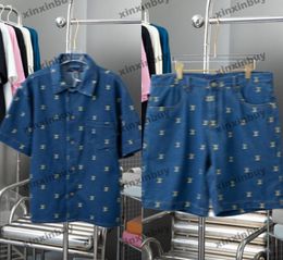 xinxinbuy Men designer Tee t shirt 2024 Italy Gold letter embroidery denim sets short sleeve cotton women blue green S-2XL