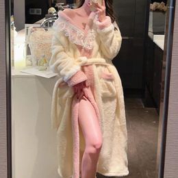 Home Clothing Princess Style Robe Sexy Lace Collar Nightwear Long Kimono Women Warm Coral Fleece Robes Loose Sleepwear Winter Homewear