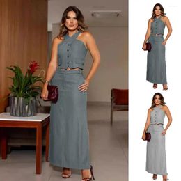 Women's Two Piece Pants Women Two-piece Set Elegant Halter Neck Vest Maxi Skirt For Chic Single-breasted Top With High Waist Side Ladies