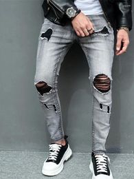 Men's Jeans Stitching High Street Student Handsome Ripped Denim Pants Narrow Leg Vintage Slim Fit Korean Version Trousers