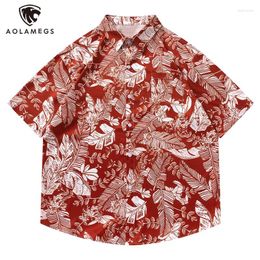 Men's Casual Shirts Men Red Hawaiian Summer Floral Leaves Print Short Sleeve Blouse Vintage Loose Streetwear Couple Holiday Beach Tops