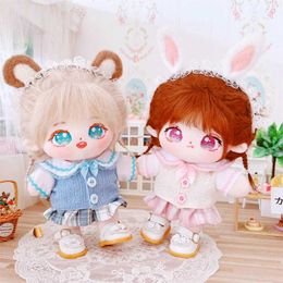 Dolls Cartoon idol plush doll 20cm Kawaii 3pcs pink blue bow student dress set DIY clothing accessories filled with fat body cotton doll S2452202 S2452203