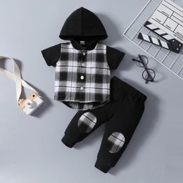 Clothing Sets 0-4Y Toddler Baby Boys Summer Outfits Short Sleeve Button Down Hooded Plaid Shirt Tops Pants Set Two Piece Clothes