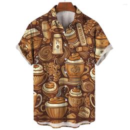 Men's Casual Shirts Cartoon Coffee Printed Summer Fashion Hawaiian Beach For Men Y2k Personalities Short Sleeve Shirt Top Lapel Women