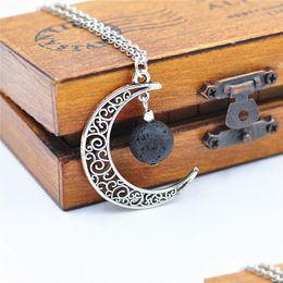 Pendant Necklaces Fashion 14Mm Lava Stone Moon Necklace Volcanic Rock Aromatherapy Essential Oil Diffuser For Women Jewellery Drop Del Dhtbl