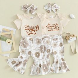 Clothing Sets Summer Born Baby Girls Ruffles Short Sleeve Letter Print Bodysuits Flare Pants Headband Casual Outfits