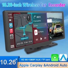 10.26 Inch 4K Car Stereo Wireless CarPlay Android Auto Dash Cam GPS Navi Bluetooth FM AUX-input DVR Monitor Video Recorder