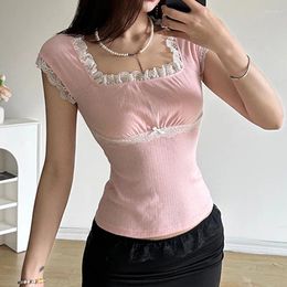 Women's T Shirts Y2K Sweet Basic Solid Lace Trim Shirt Casual Patchwork Square Collar Tees Women Summer Fashion Streetwear Ladies 2024