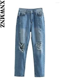 Women's Jeans XNWMNZ 2024 Fashion High Rise Ripped MOM Woman Vintage Zip Pocket Carrot Pants Female Chic