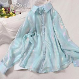 Women's Blouses 2024 Transparent White Shirt Oversized Long Sleeve Top Pleated Blouse Solid Sparkles Fairycore Women Beach Tunic Korean