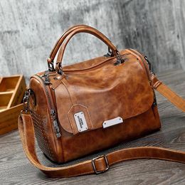 Shoulder Bags Tote For Women 2024 Fashion Vintage Wax Leather Hand Bag With Slung Boston Handbag Cross Body Woman