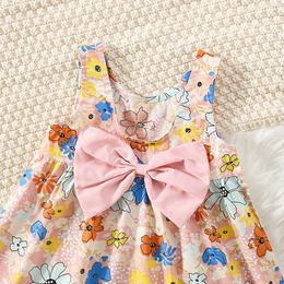 Summer New Girls Birthday Party + Hat Big Bow Flower Print Sweet Princess Dress Cool And Light