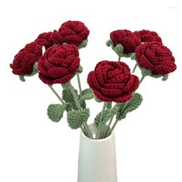 Decorative Flowers Creative Hand-Knitted Fake Flower Knit Knitting Wine Red Rose Table DIY Festival Decor Girlfriend Valentine's Day