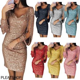 Casual Dresses Europe And America Sexy Nightclub Evening Party Bright Silk Tassel Slim Fit Long Sleeve Wrap Hip Dress Women Clothing Robe