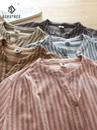 Women's Blouses Spring Cotton Yarn Casual Shirts Women V Neck Loose Striped Girl Short Sleeve OL Commute Tops 2024 Summer T45547QC