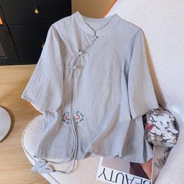 Women's Blouses Embroidery Chinese Style Summer Vintage Shirt Loose Cotton Linen Women Tops Short Sleeves Clothing YCMYUNYAN