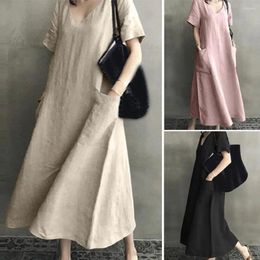 Casual Dresses Lady Dress Vintage V Neck Maxi With Pockets For Women Ankle Length Loose Fit Summer Wear Big Hem Short Sleeves