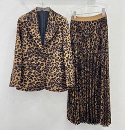 Work Dresses Fashion Women Leopard Pattern Skirt Set Single Breasted Blazer Long Pleated 2 Pieces Outfit