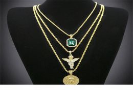 Hip Hop Gold Plated Necklace Iced Out Rhinestone Crystal Jewelry Necklace Set With Angel Jesus Pendant Necklace Chain 9510285