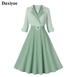 Party Dresses Notched Collar Plaid Patchwork Vintage Dress Women 50s Hepburn Style Half Sleeve A-Line Elegant Swing Retro