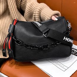 Shoulder Bags Genuine Leather Luxury Crossbody For Women 2024 Fashion Wide Strap Black Bag Designer Handbags High Quality