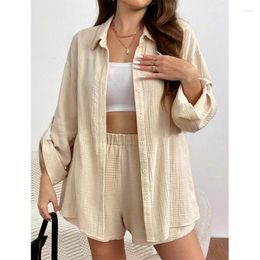 Women's Tracksuits Muslin Cotton Gauze Elegant 2-piece Sets For Women Long Sleeve Button Up Shirts Top Shorts Suit Holiday Outfits