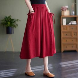 Women's Pants Summer Cotton Wide Leg 2024 Fashion High Waist Solid Colour Half Skirt Pocket Capris Jogging