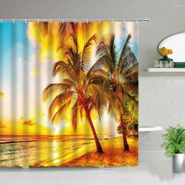 Shower Curtains Landscape Beach Palm Tree Plant Seaside Scenery Bathroom Decoration Waterproof Cloth With Hook Bath Curtain Set