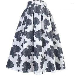 Skirts Chinese Style Elegant High Waist Long Pleated Skirt For Women Aesthetic Black White Floral Embroidered Spring Summer 2024