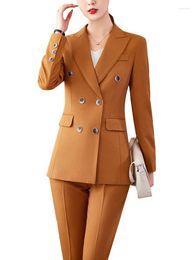 Women's Two Piece Pants Fashion Women Blazer Pant Suit Ladies Black Yellow Khaki Female Business Work Wear Jacket And Trouser Formal 2 Set