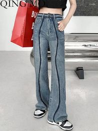 Women's Jeans QING MO 2024 Spring Summer Washed Old Casual Women Blue High Waist Thin Straight Wide Leg Pants ZXF1959