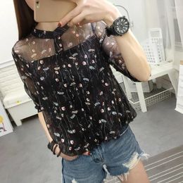 Women's Polos #1649 Summer Chiffon Bottomed Shirt Ladies Casual Loose Blousers Women Short Sleeve Shirts Female Faux Two Piece Tops Full