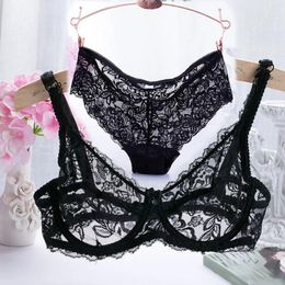 Bras Sets Women Ultra Thin Lace Transparent Bra Panties Set Embroidery Underwear Sexy 3/4 Cup Comfortable Lingerie Outfit