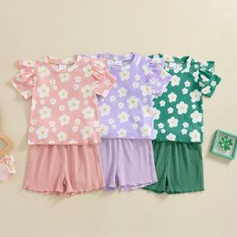 Clothing Sets Lioraitiin Kids Girls Shorts Set Short Sleeve Crew Neck Flower Print T-shirt Tops With Summer Outfit 6M-4Y