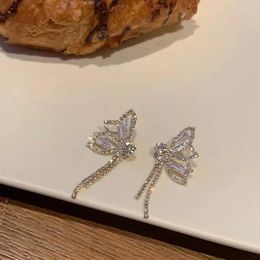 Stud Earrings Korean Fairy Butterfly Zircon Rhinestone Ffringe Cute/Romantic Asymmetric Animals Ear Jewelry For Women