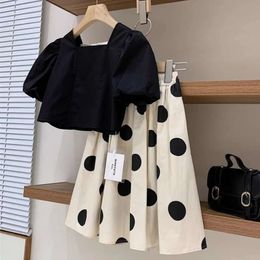 Teenage Girl Clothing Summer New Cotton Square Neck Bubble Sleeve Top Dot Half 2-piece Children's Skirt Set L2405 L2405