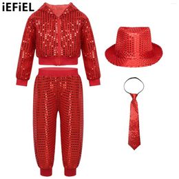 Clothing Sets Unisex Kids Hip-hop Jazz Dance Outfits Performance Costume Shiny Sequins Long Sleeve Hooded Tops With Pants Hat Necktie