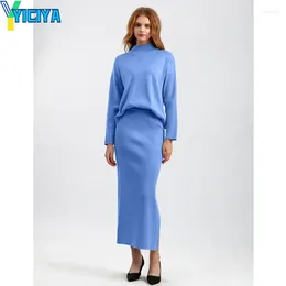 Work Dresses YICIYA Skirt Sets Knitted Two Piece For Women Autumn And Winter High Street Turtleneck Sweaters Skirts Elegant Women's