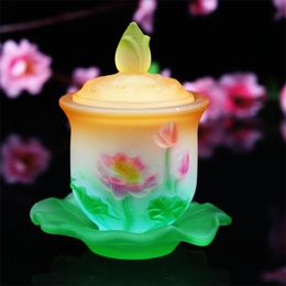 Buddha Ornament Lotus Water Supply Cup Glass Bowl Crystal Holy Water Cup Creative Colourful Guanyin Cup Plate Buddhist Supplies 240521