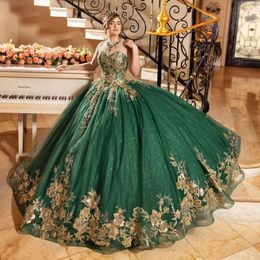 Luxury Emerald Green Sweetheart Ball Gown Quinceanera Dress For Girls Gold Applques Lace Birthday Party Gowns Prom Dresses Lace Up