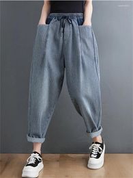 Women's Jeans Spring Summer Fashion Striped Women Elastic Waist Elegant Baggy Denim Pants Female Loose Casual Ankle Length Harem Trouser