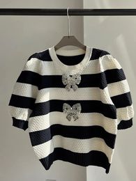 Fashion Striped Knitted Tshirt Tops Women Knit Pullover Sweater Summer Short Sleeve O-neck Bow Sequined Ladies Knitwear 240516