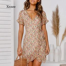 Casual Dresses Sexy V Neck Women A Line Summer Floral Print Sundress Boho Beach Dress Ruffle Short Sleeve Mini Wrap Robe