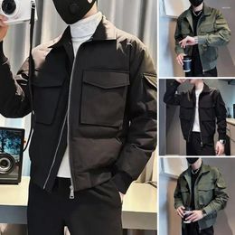 Men's Jackets Men Jacket Loose Zipper Closure Long Sleeve Buttons Lapel Solid Color Multiple Pockets Casual Smooth Hip Hop Coat