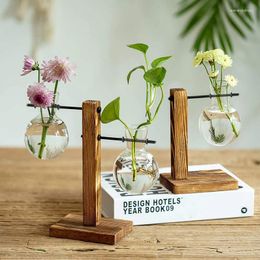 Vases Creative Vase Glasses For Plant Terrarium Hydroponic Transparent Vintage Flower Bonsai Pot Wooden Frame Desk Home Tabletop Decor