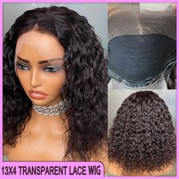 Top Quality Brazilian Peruvian Natural 14 Inch 100% Virgin Remy Human Hair 1B Water Wave 13x4 Transparent Lace Frontal Wig