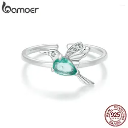 Cluster Rings BAMOER 925 Sterling Silver Mint Green Hummingbird Opening Ring For Women Drop Crystal Cute Bird Band Party Fine Jewellery Gift