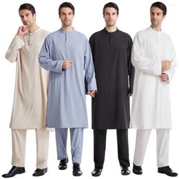 Ethnic Clothing Muslim Arabic Men Button Robe Pants2pcs Clothes Suit Abaya Saudi Arabia Eid Turkey Islamic Daily Dress